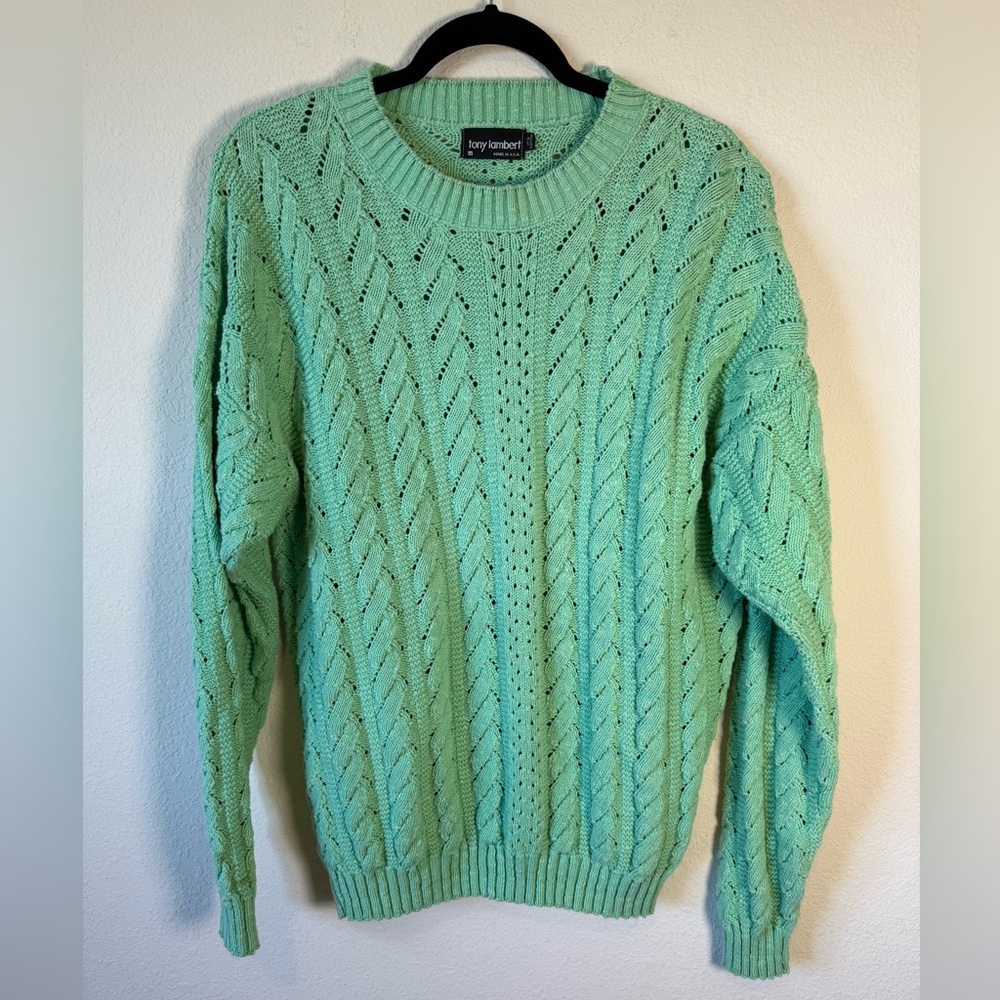 Tony Lambert Mint Green Cable Knit Crewneck Sweater